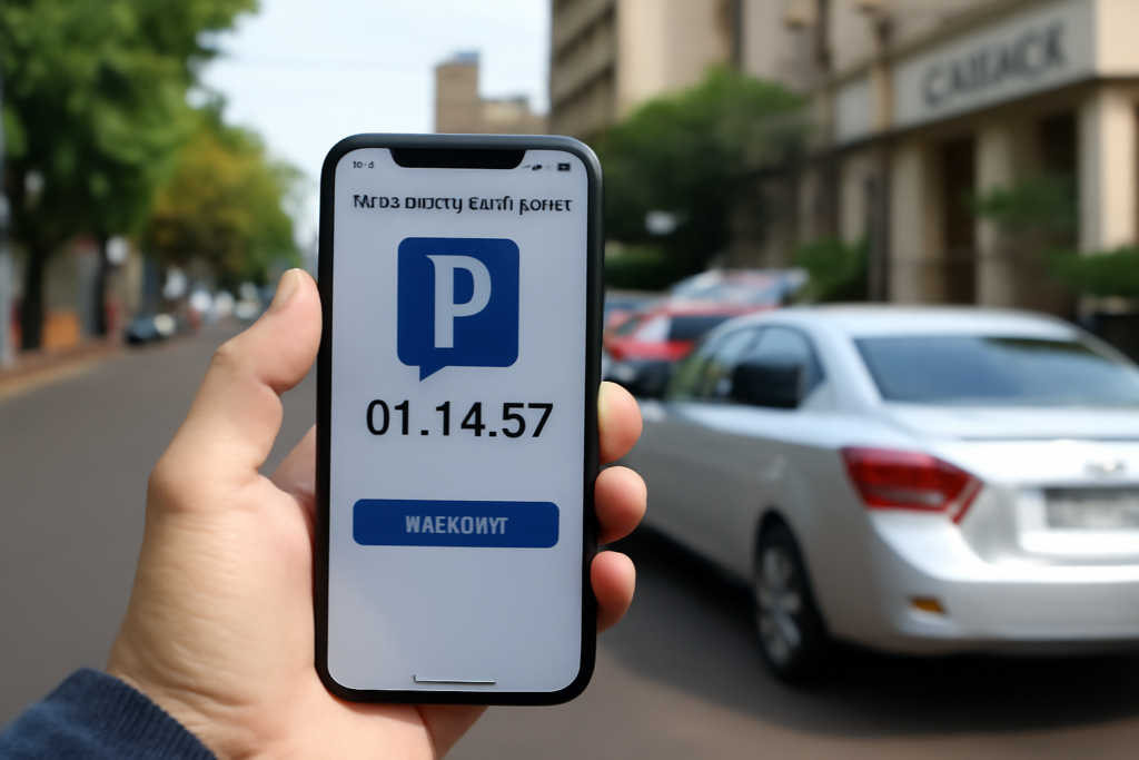 Teléfono mostrando la app de estacionamiento junto a vehículos estacionados en el centro de Posadas